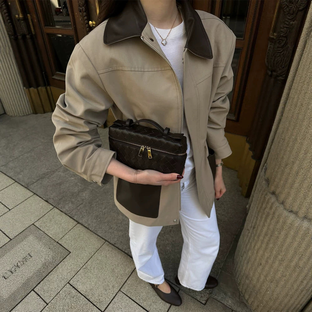 Women Boxy Field Jacket with contrast collar in leather look and appliqued pockets Amarae