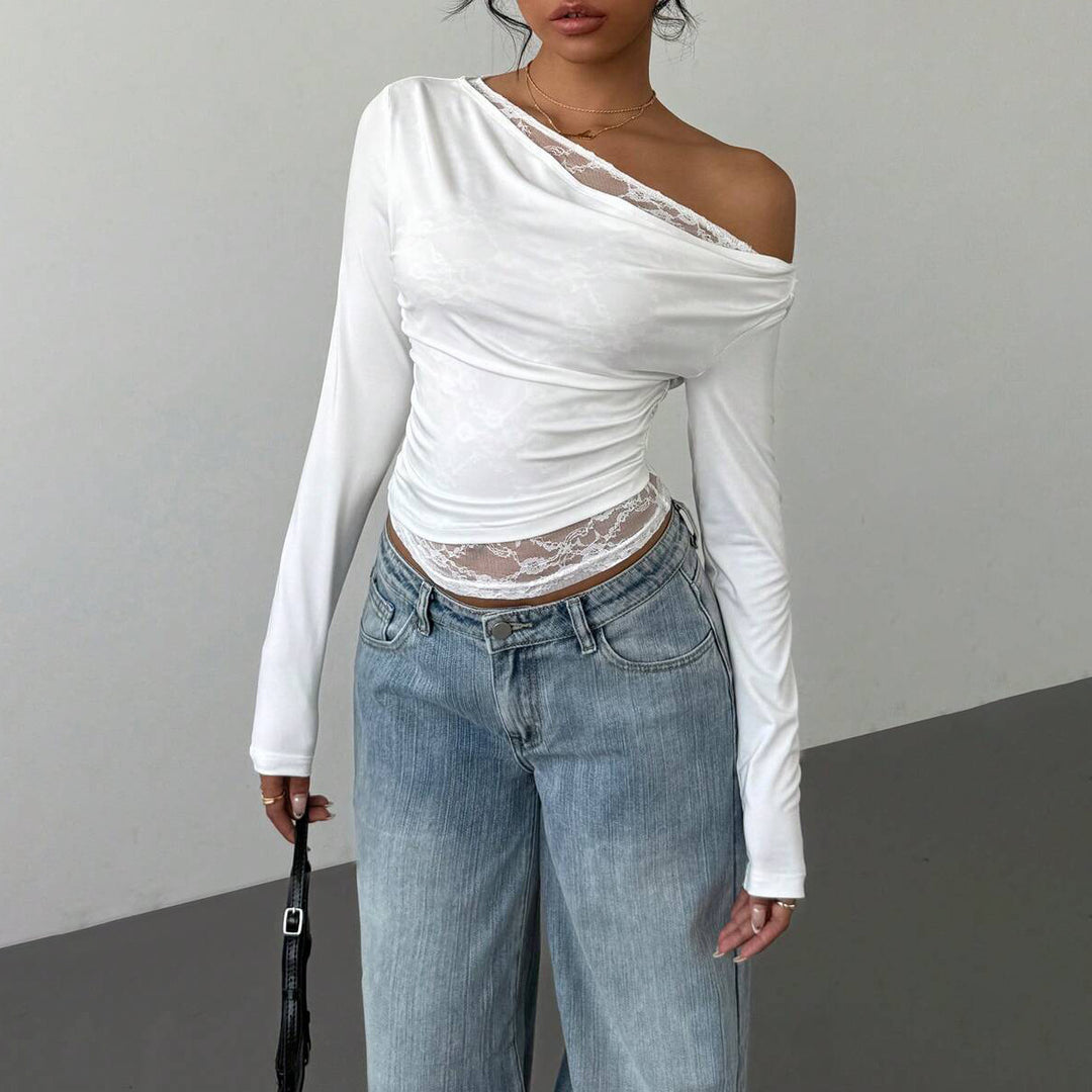 Casual long-sleeve t-shirt for women with asymmetric neckline and transparent details Amarae