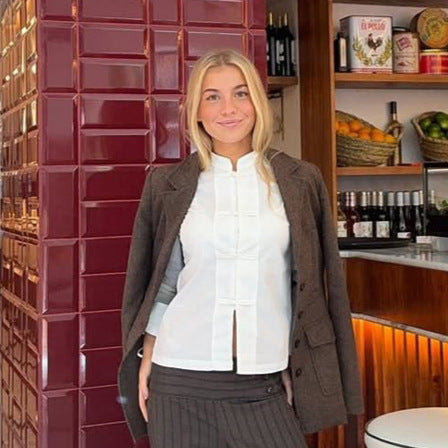 Ladies Tailored Mandarin Collar Blouse with Concealed Button Placket and Straight Hem Amarae