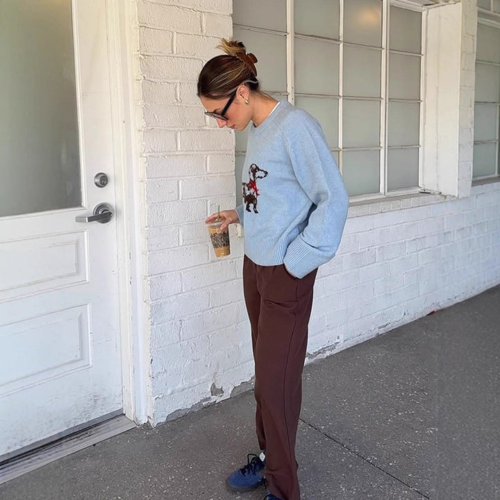 Women's knit sweater with dachshund intarsia and relaxed oversized fit Amarae