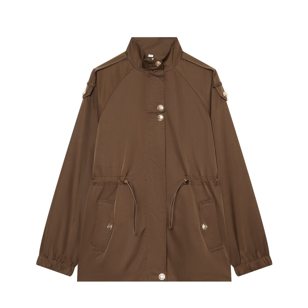 Women's lightweight parka with stand-up collar, drawstring waist, and shoulder patches Amarae