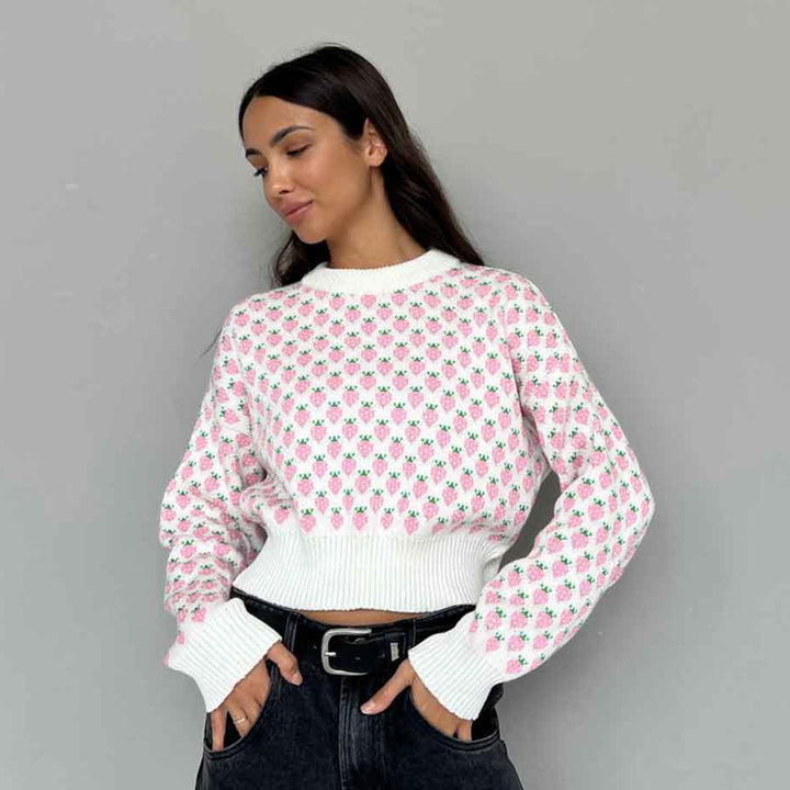 Woman Striped cropped sweater with floral pattern Lune London