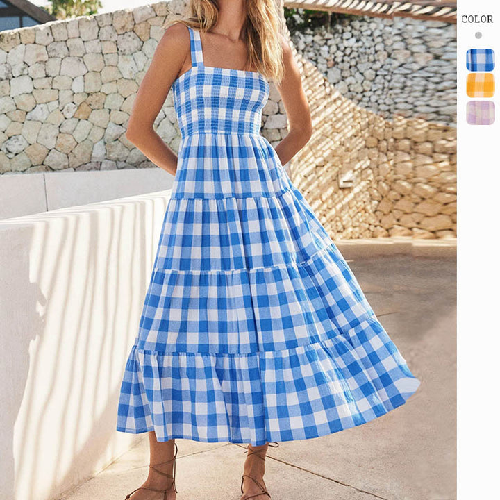 Ladies Summer Maxi Dress with Checked Design and Straps Lune London