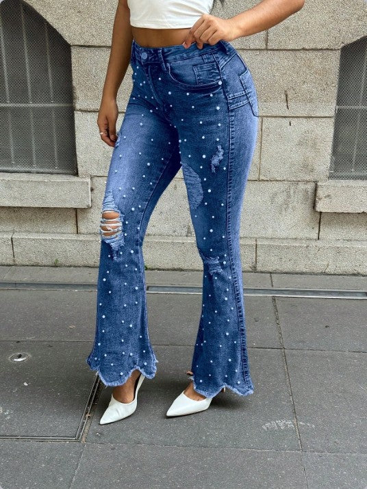 Ladies high-waisted flared jeans with bead appliqué, destroyed effects and frayed hem Amarae