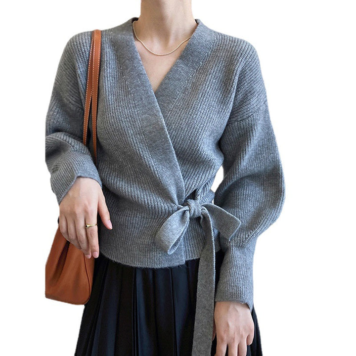 Knitted wrap sweater for women with a belted waist and raglan sleeves Lune London