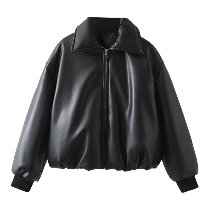 Fashionable faux leather jacket for women with elastic waist and high collar Lune London