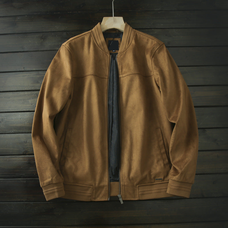 Men's leather bomber jacket with ribbed collar, concealed zipper, and side pockets Amarae