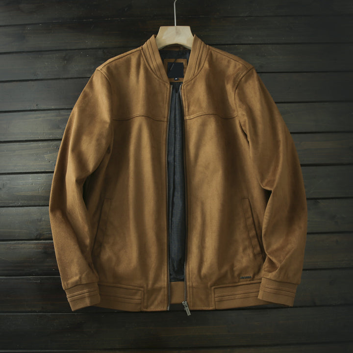 Men's leather bomber jacket with ribbed collar, concealed zipper, and side pockets Amarae