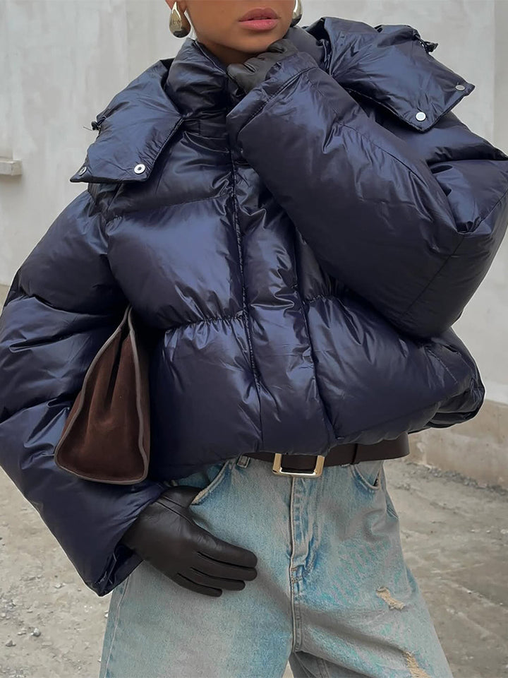 Ladies short cut glossy oversized quilted jacket with high collar Amarae