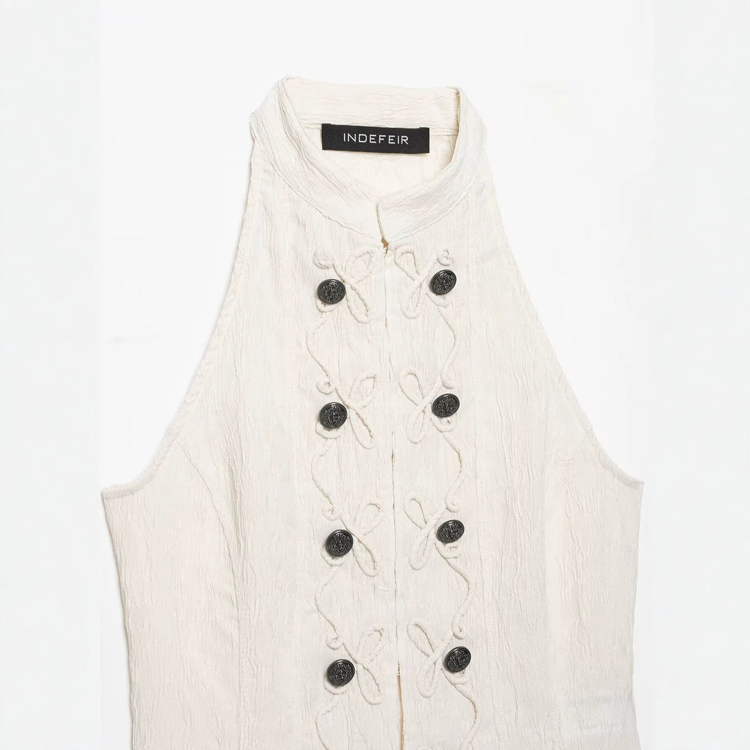 Women's Tailored Vest with Stand-Up Collar and Decorative Frog Closures Amarae