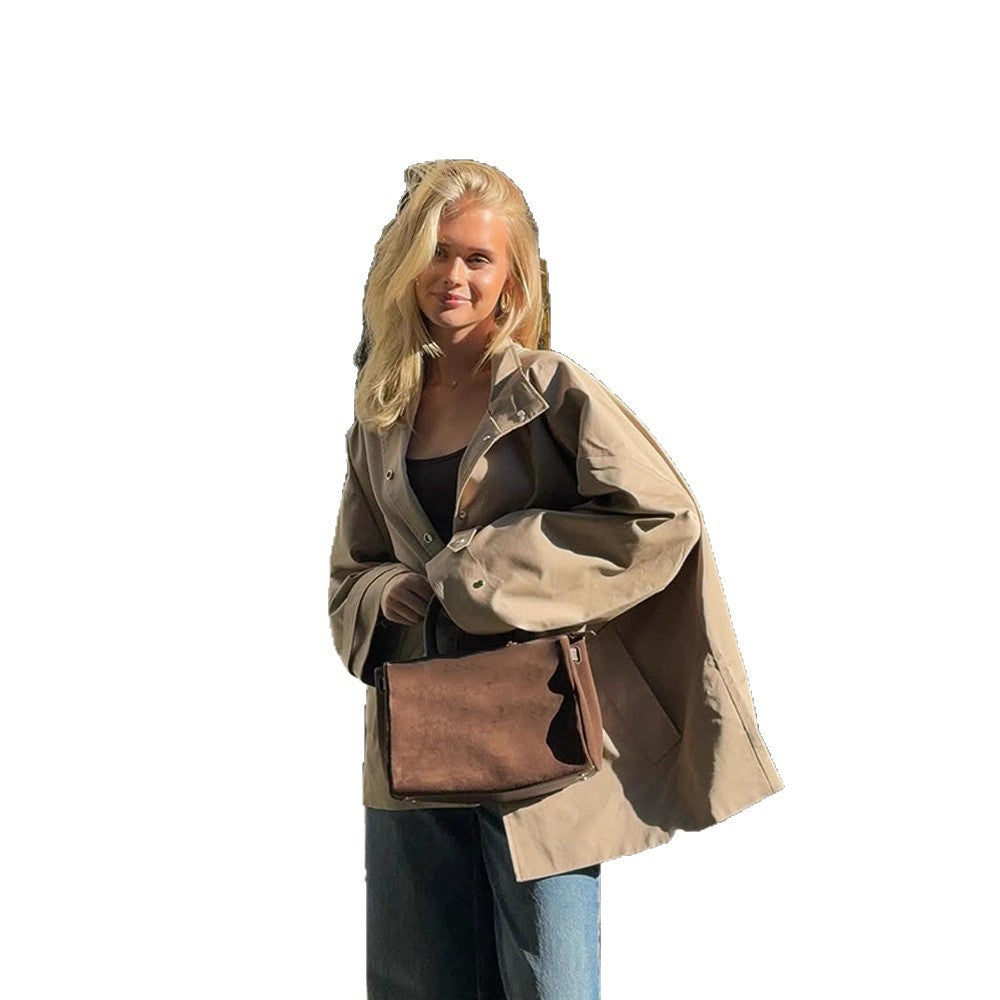 Women's oversized short coat in trench look with boxy silhouette and concealed snap button placket Amarae