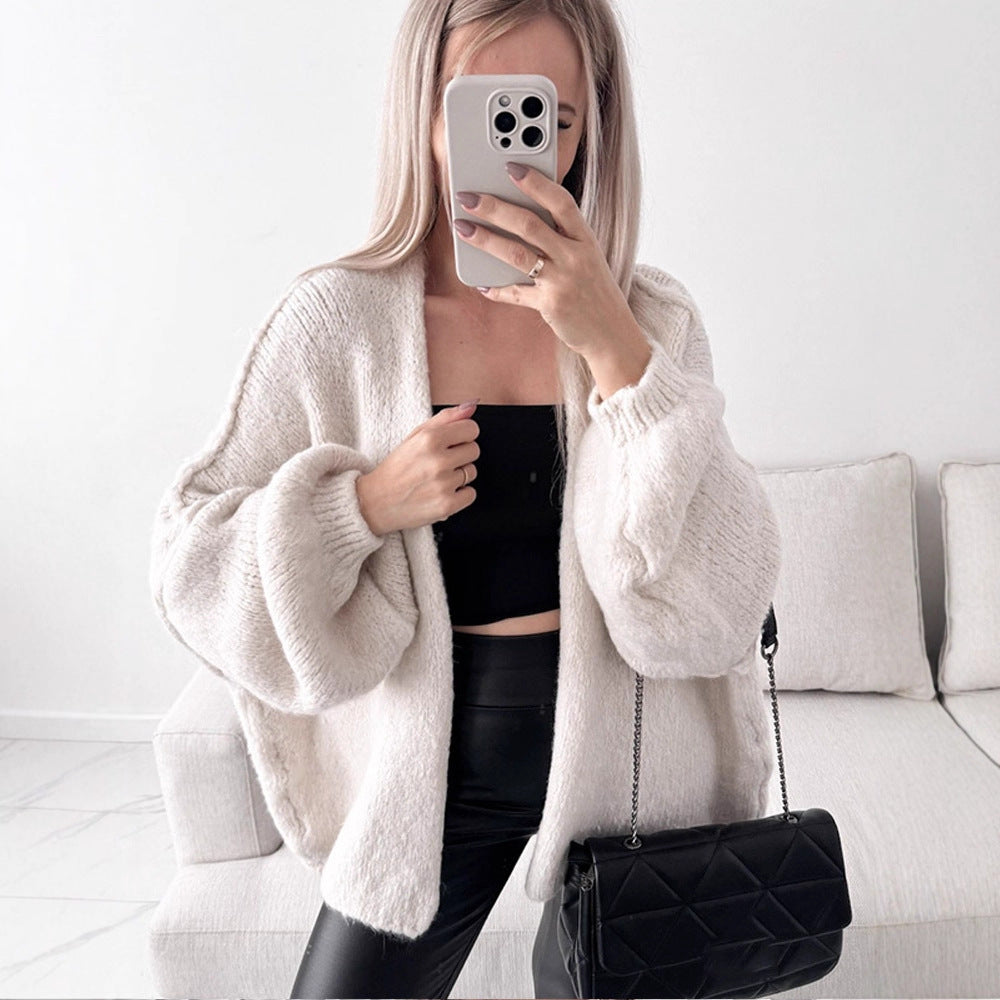Women's Oversize Knit Cardigan with Voluminous Balloon Sleeves and Teddy-like Texture Amarae