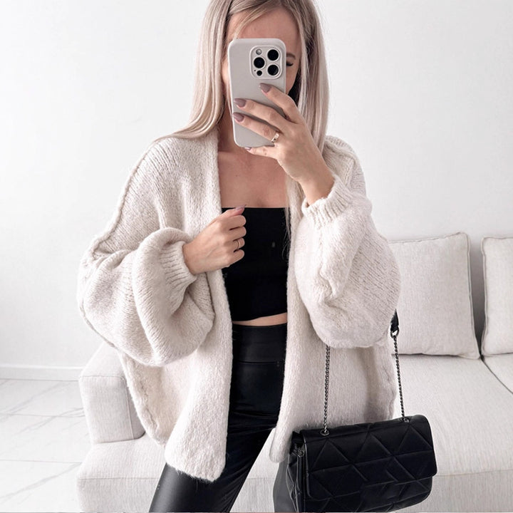 Women's Oversize Knit Cardigan with Voluminous Balloon Sleeves and Teddy-like Texture Amarae