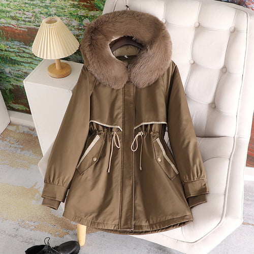 Amarae fashionable women's transition jacket with removable faux fur collar and drawstring waist