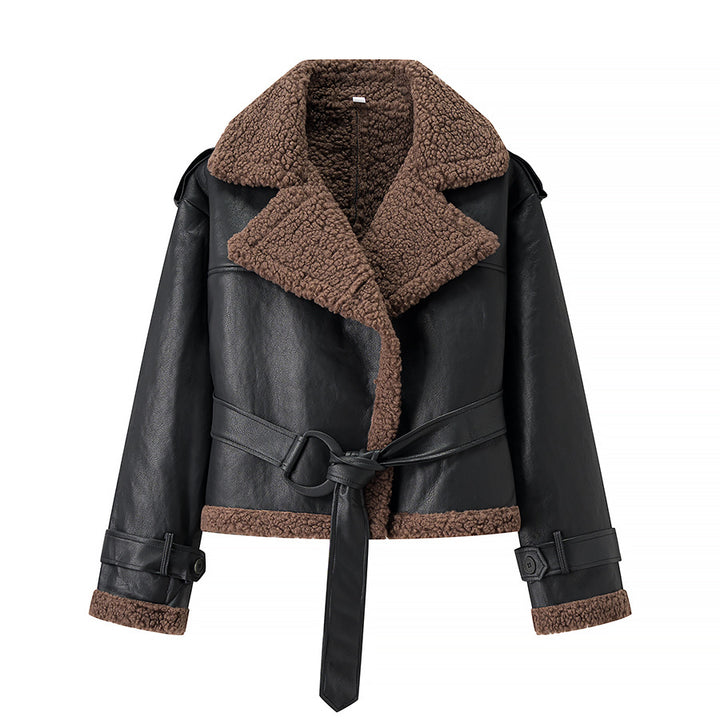 Women's synthetic leather jacket with fur collar and fitted cut Lune London