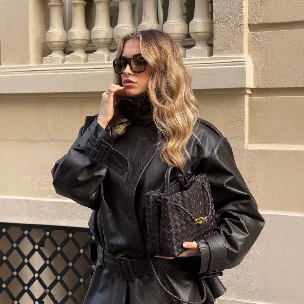 Women Oversized Leather Trench with Wide Waist Belt, Buckle Sleeves and Stand Collar Amarae