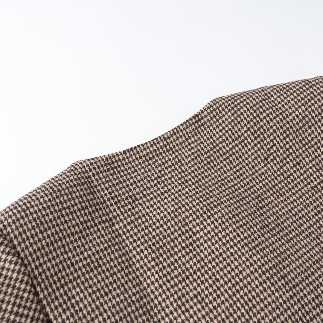 Women's Short Boucle Jacket in Houndstooth Look with Round Neck and Decorative Button Placket Amarae