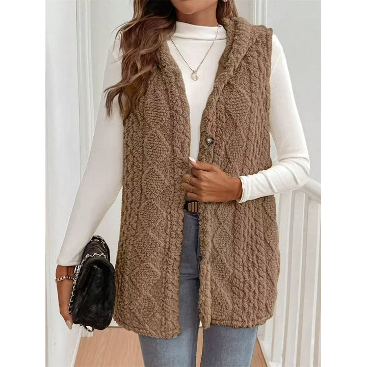 Women's Hooded Teddy Vest with Structured Cable Knit Pattern and Decorative Button Placket Amarae
