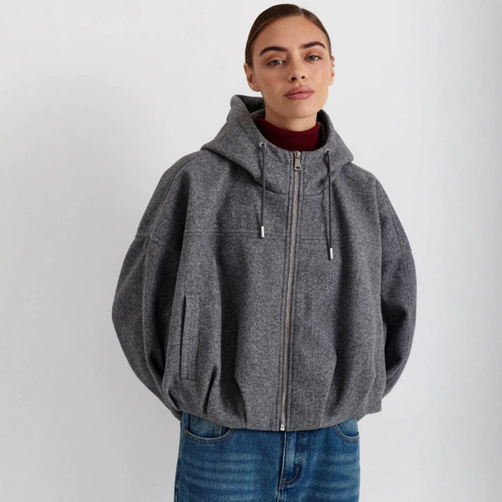 Women’s short jacket made of wool blend with hood, boxy silhouette & gathered hem Amarae