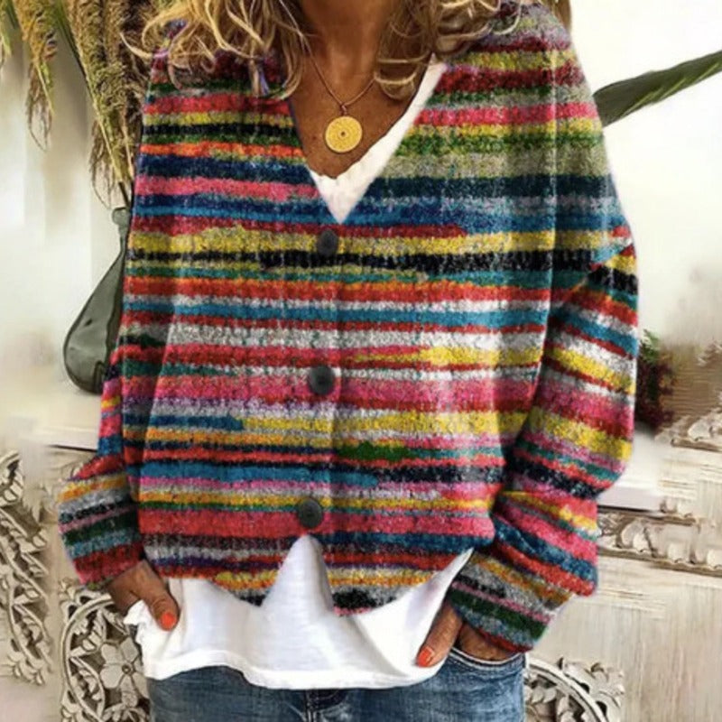 Cardigan tricoté décontracté pour femmes avec des rayures colorées et des détails de boutons Chic & Stil