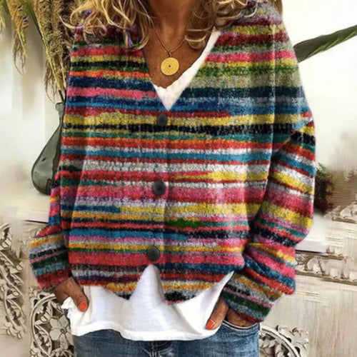 Cardigan tricoté décontracté pour femmes avec des rayures colorées et des détails de boutons Chic & Stil