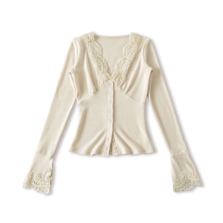 Women's long sleeve t-shirt with feminine lace collar and button detail Lune London