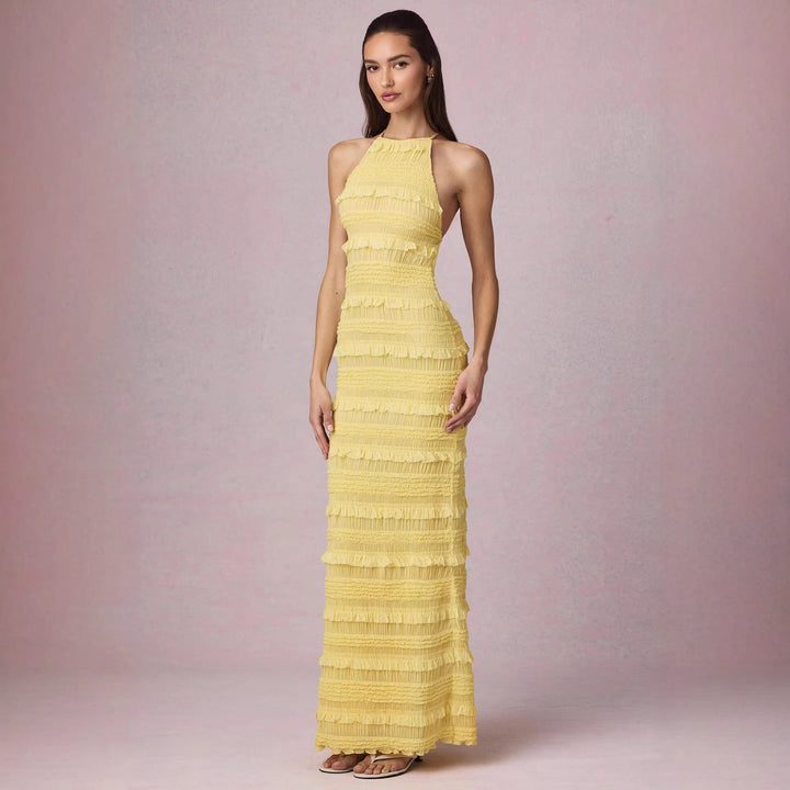 Ladies Maxi Dress with fringed design and elegant halterneck Lune London