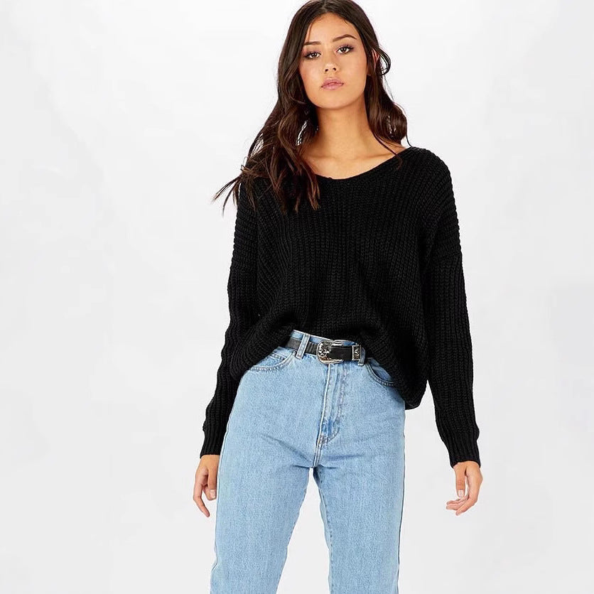 Pull en tricot épais décontracté pour femmes avec coupe ample et col en V Chic & Stil