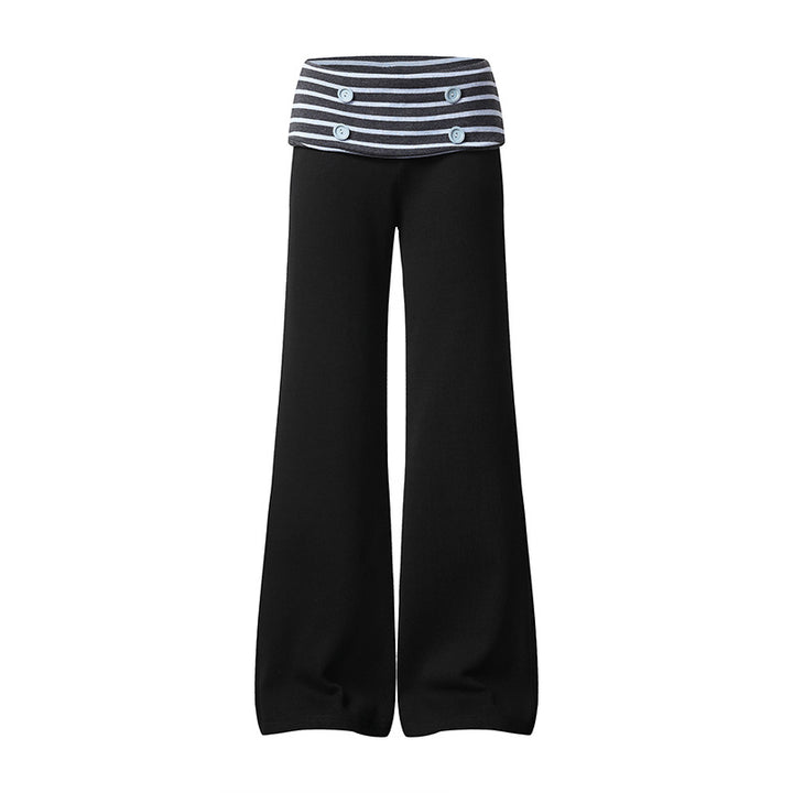 Women's Wide Loungewear Pants with Cuffable Striped Waistband and Decorative Buttons Amarae