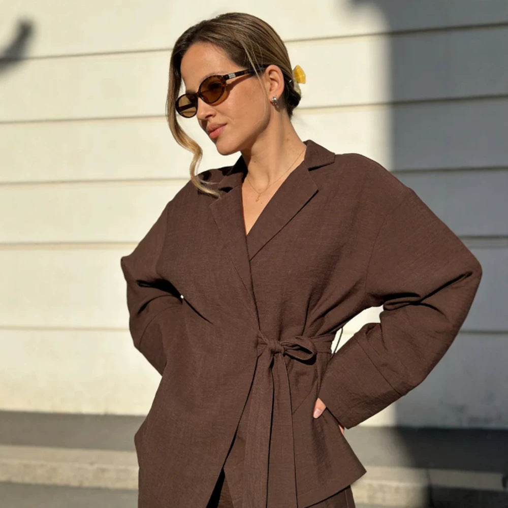 Women's Wrap Blazer with Tying Belt, Casual Oversized Cut and Lapel Collar Amarae