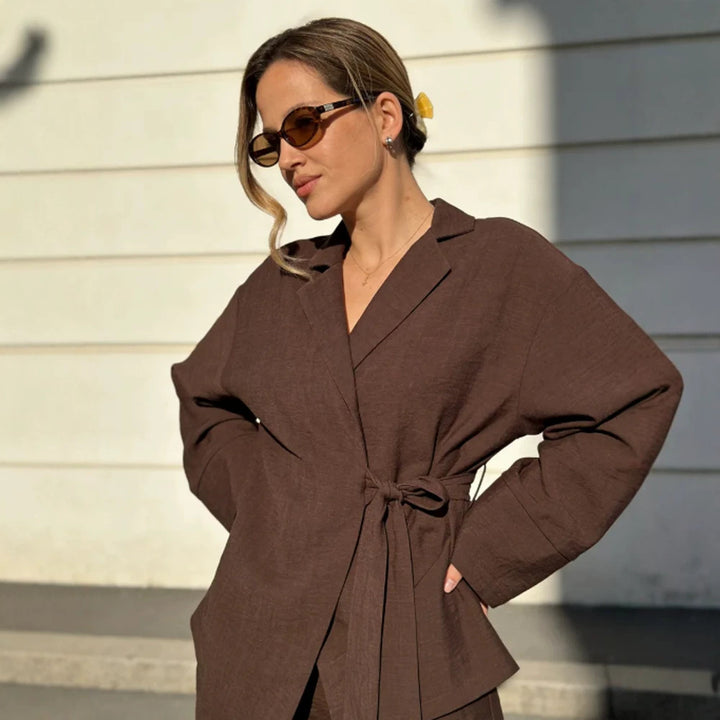 Women's Wrap Blazer with Tying Belt, Casual Oversized Cut and Lapel Collar Amarae