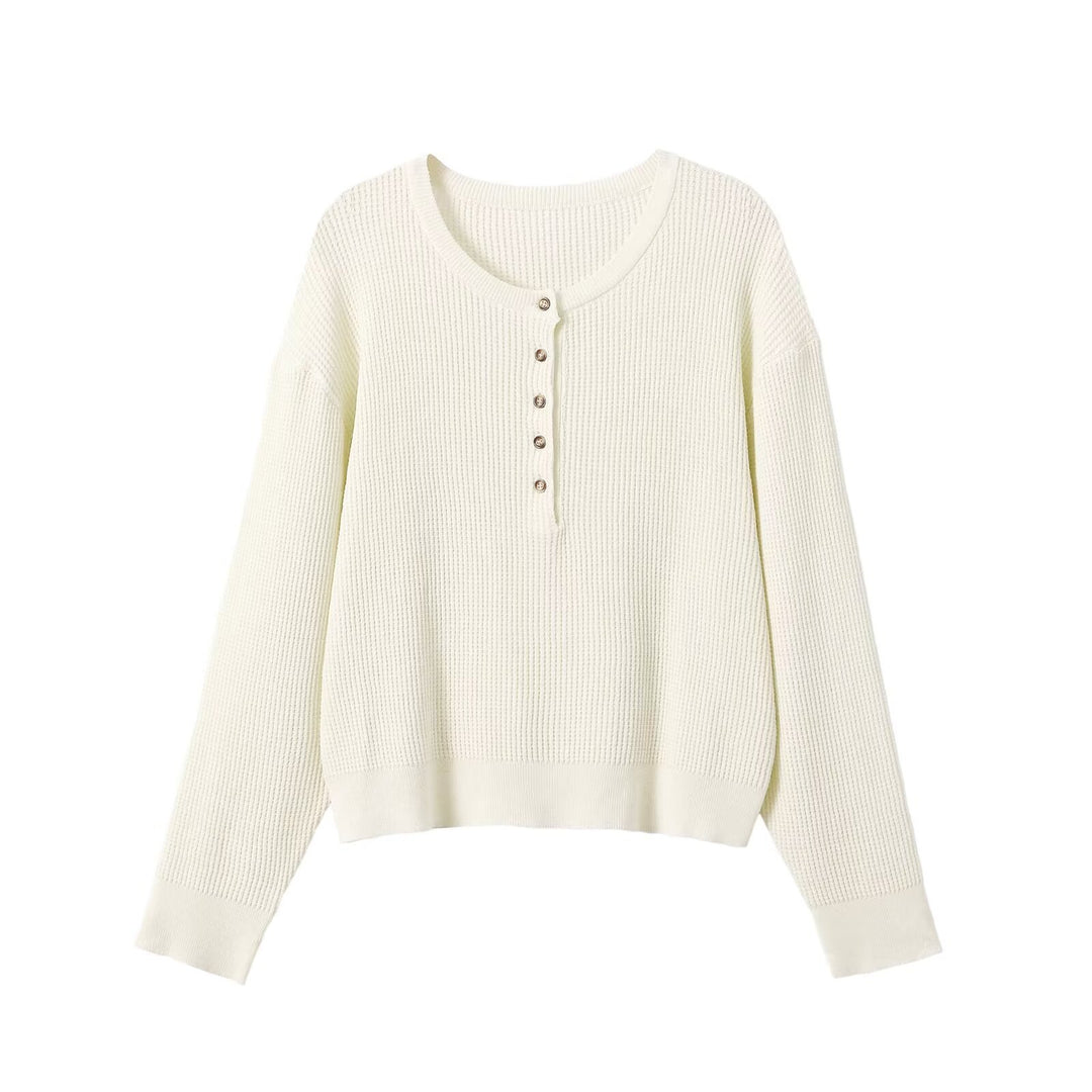Women Thick Knit Waffle Knit Sweater with Henley Placket Amarae