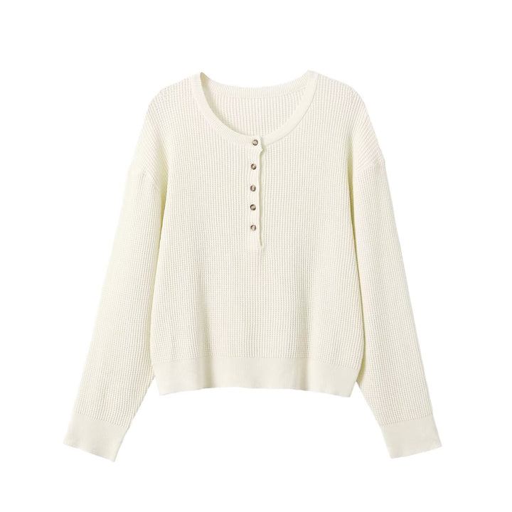 Women Thick Knit Waffle Knit Sweater with Henley Placket Amarae
