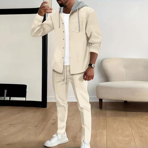 Leisure suit for men with button-up top and casual hood Amarae