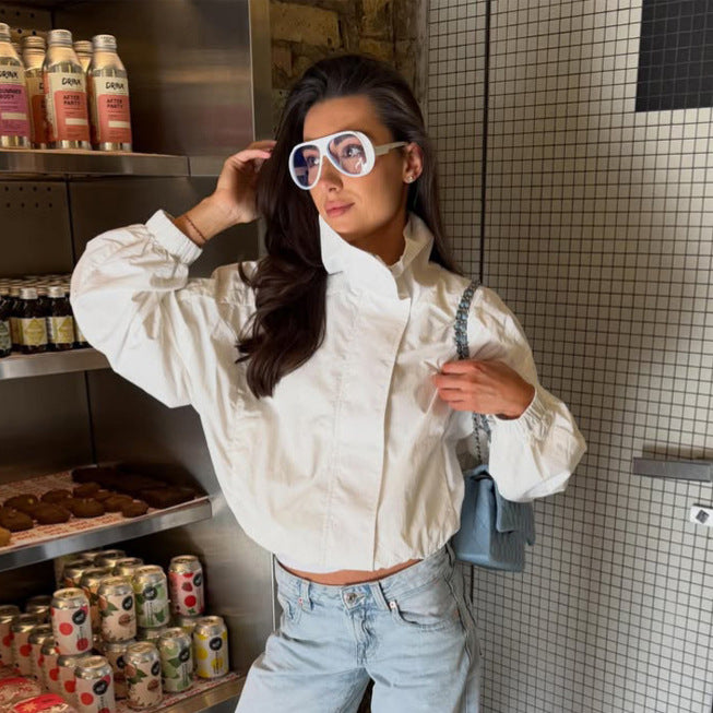 Women Lightweight cropped blouson jacket with stand-up collar, voluminous sleeves and elastic hem Amarae