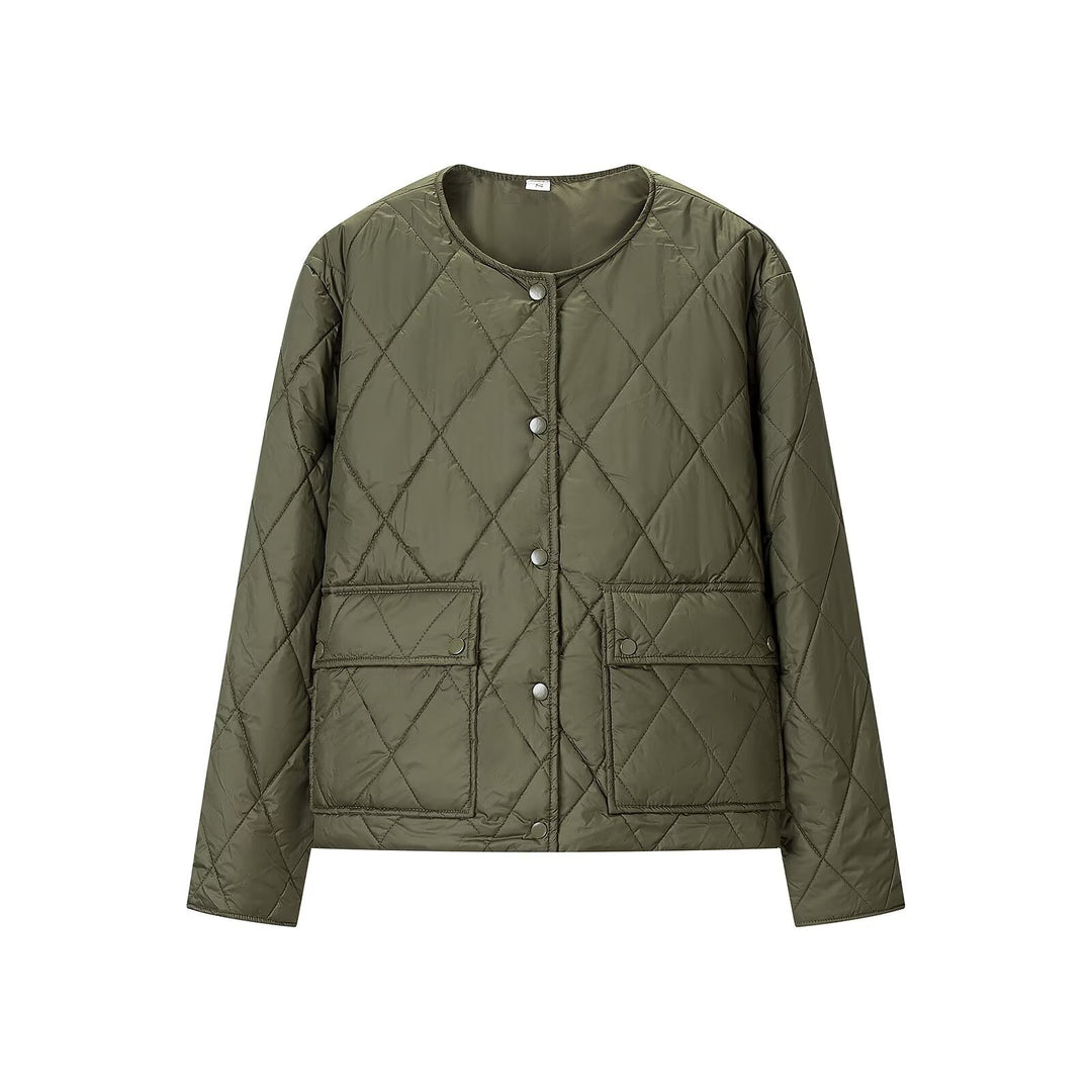Women's quilted jacket without collar with snap button closure and patch pockets Amarae