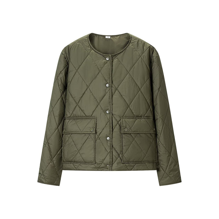Women's quilted jacket without collar with snap button closure and patch pockets Amarae