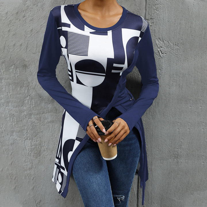 Ladies long modern t-shirt with geometric print and asymmetrical cut Lune London