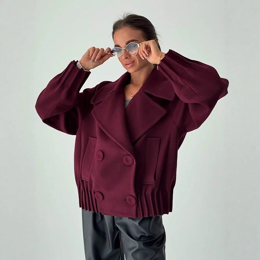 Women's Short Boxy Wool Coat with Oversized Shawl Collar, Double Button Placket and Ribbed Cuff Amarae
