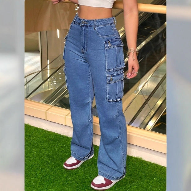 Women's Cargo Denim Pants with Wide Leg, High Waist & Multifunctional Flap Pockets Amarae