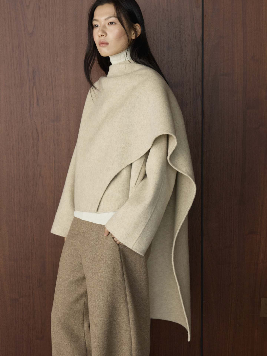 Women's Cape Coat with Asymmetrical Overlay and Wool Blend Amarae