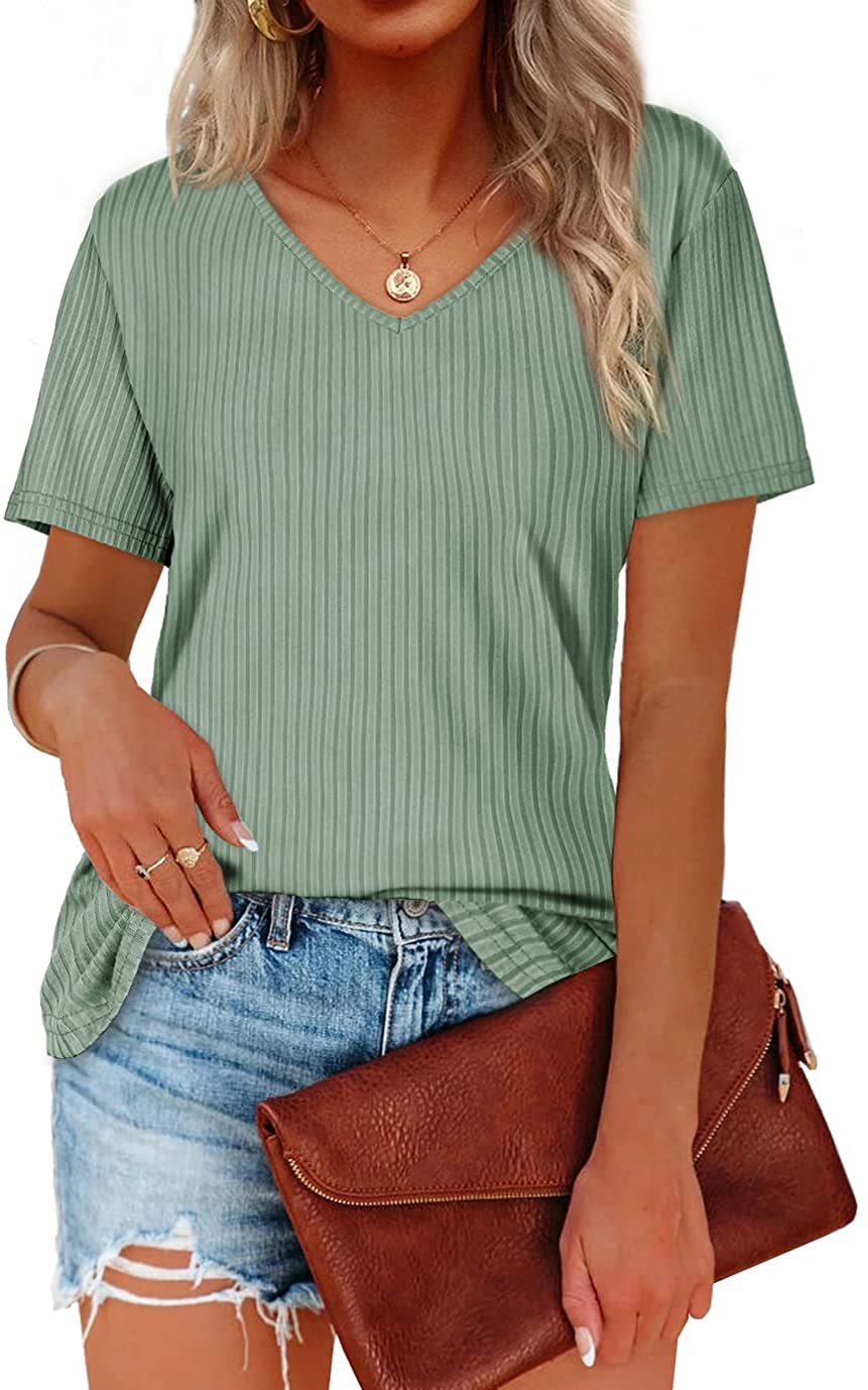Viscose T-shirt for women with a fine ribbed knit pattern and a casual V-neck Lune London