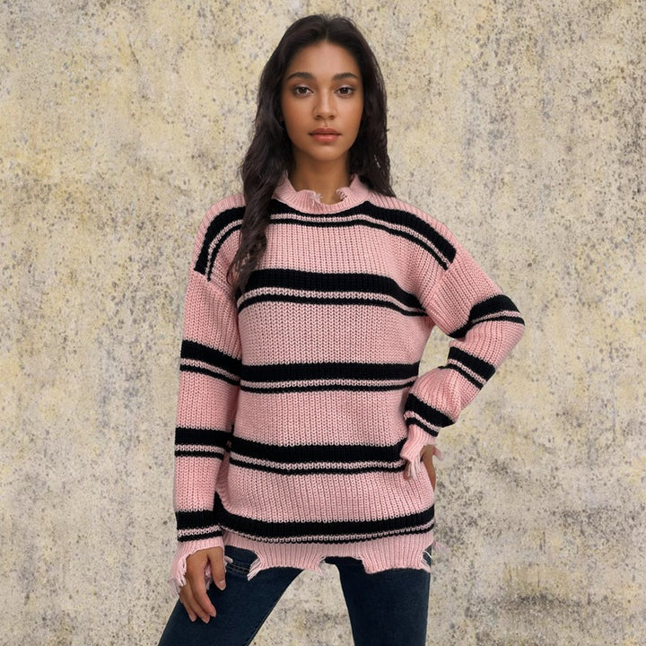 Oversized chunky knit sweater for women with fringes and cross stripes Lune London