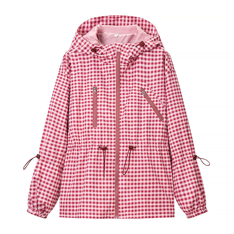 Women's Lightweight Checkered Hooded Jacket with Drawstring and Zipper Pockets Amarae