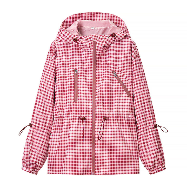 Women's Lightweight Checkered Hooded Jacket with Drawstring and Zipper Pockets Amarae