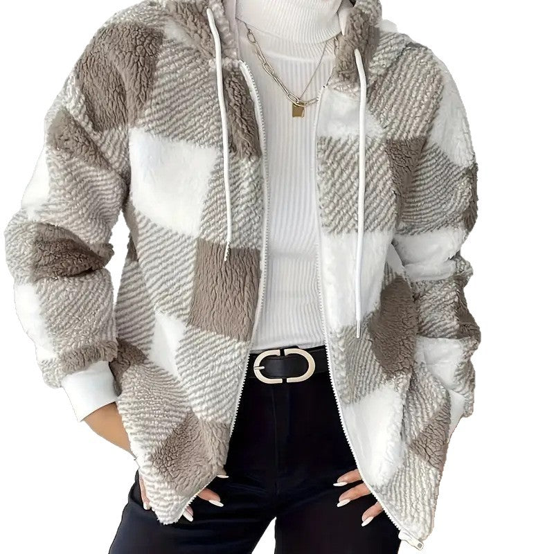Ladies Cozy Hooded Jacket in Chic Checkered Design