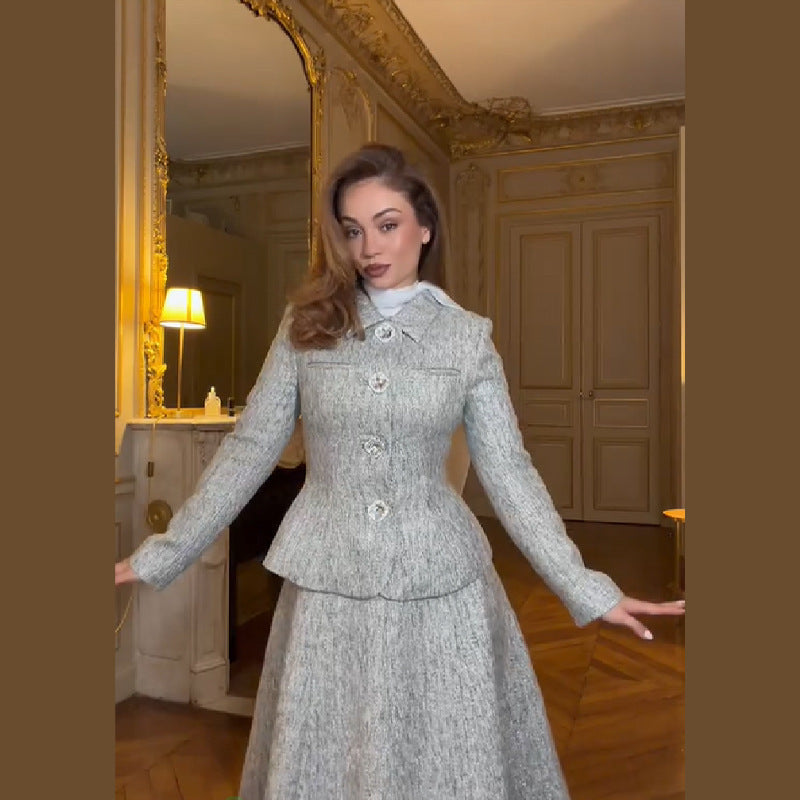 Women's two-piece wool blend suit with fitted short blazer and A-line midi skirt Amarae
