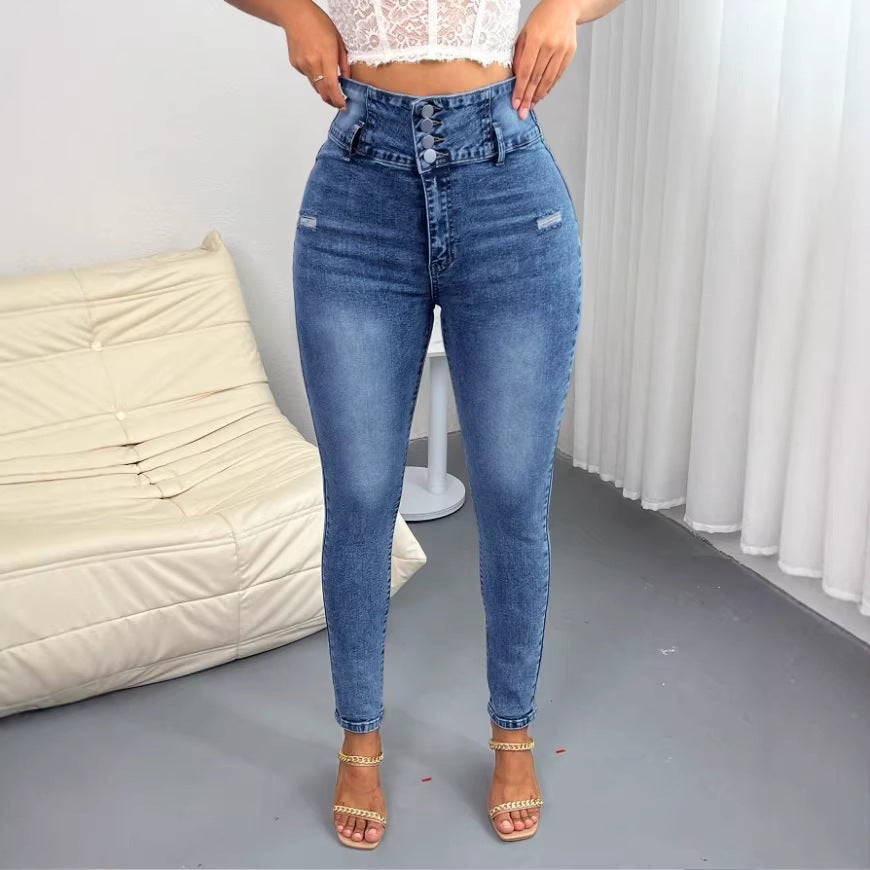 Ladies High-Waisted Skinny Jeans with waist-shaping multiple button and sculpting side seam Amarae
