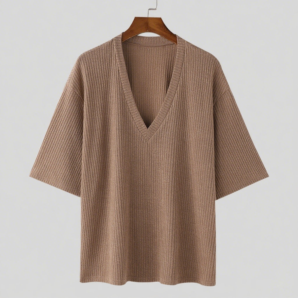 Oversized V-neck T-shirt for women in textured cotton material Lune London
