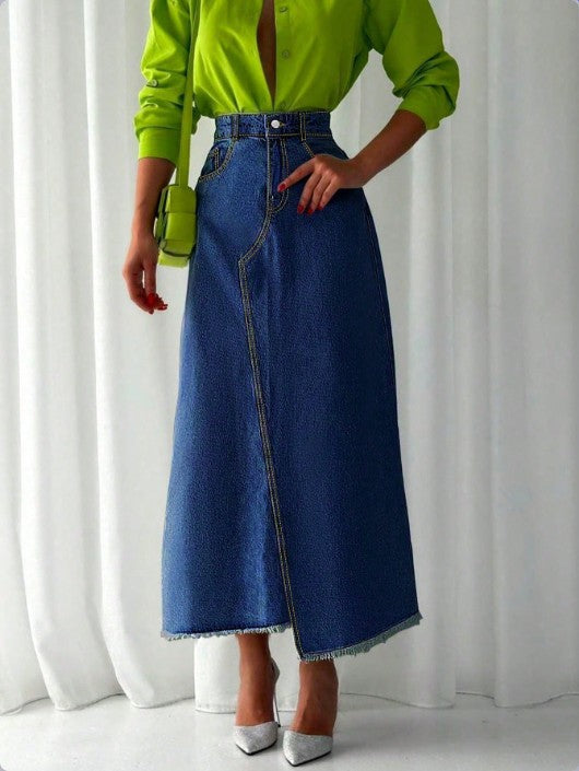 Ladies High-Waisted Maxi Denim Skirt with Asymmetrical Front Seam and Frayed Hem Amarae